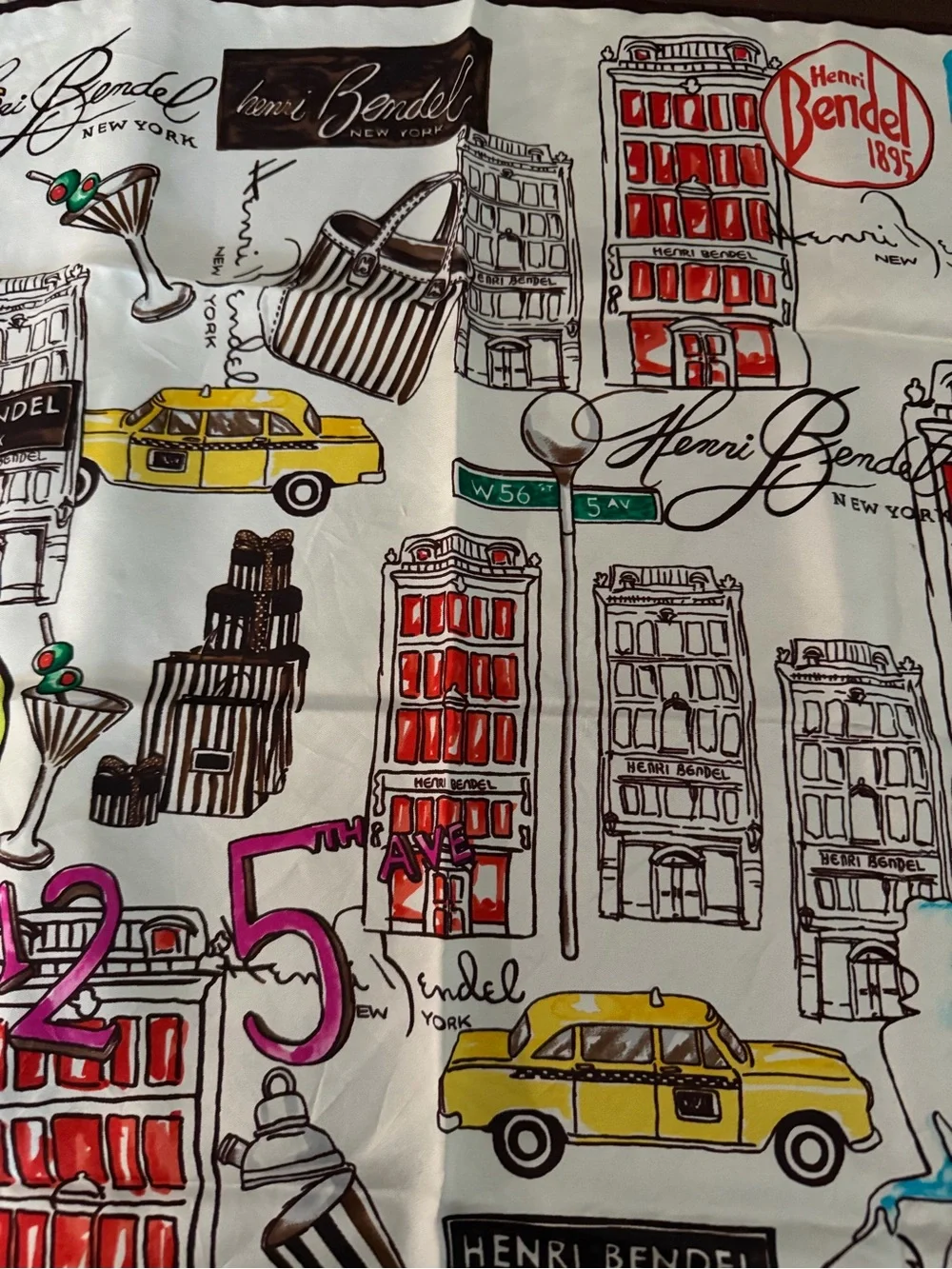 Henri Bendel White Multicolor New York Manhattan Print Silk Neck Scarf 21 In.²